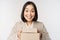 Image of asian saleswoman, business woman giving boxes with order, deliver to customer, standing in suit over white