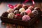 Image Assorted Valentines Day chocolates in a closeup view, wooden table