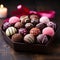 Image Assorted Valentines Day chocolates in a closeup view, wooden table