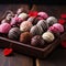 Image Assorted Valentines Day chocolates in a closeup view, wooden table