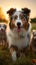 Image Australian Shepherd and puppies playing in meadow, sunset beauty