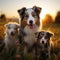 Image Australian Shepherd and puppies playing in meadow, sunset beauty