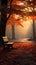 Image Autumn forest in fog, sunbeams filtering through, serene nature scene