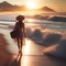 image of a beachcomber walking down a beach at sunset with waves breaking along.