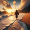 image of a beachcomber walking down a beach at sunset with waves breaking along.