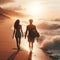 image of a beachcomber walking down a beach at sunset with waves breaking along.