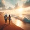 image of a beachcomber walking down a beach at sunset with waves breaking along.