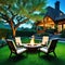 An image of a beautiful outdoor seating with several luxurious chairs arranged around a fire