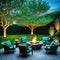 An image of a beautiful outdoor seating with several luxurious chairs arranged around a fire