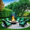 An image of a beautiful outdoor seating with several luxurious chairs arranged around a fire