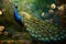 Image of beautiful peacock in the fertile forest. Bird. Nature. Illustration, Generative AI