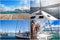 Image of a beautiful yacht in the open sea on sunny day. Collage