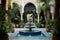 An image of a beautifully decorated Moroccan Riad courtyard, featuring colorful tiles, lush plants, and a central fountain,