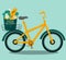 Image of a bicycle with a package of products for food delivery. Fast online delivery service