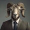 Image of a bighorn sheep businessman wearing a suit on clean background. Farm animals. Illustration, generative AI