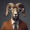 Image of a bighorn sheep businessman wearing a suit on clean background. Farm animals. Illustration, generative AI