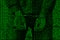An image of a binary code from bright green figures, through which the image of an arrested and handcuffed person