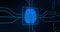 Image of blue glowing human brain with computer mother board circuit over black background