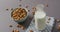 Image of bottle of milk and bowl of almonds on grey background
