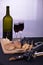 Image bottle of wine candle bread grapes and cheese and violin