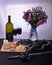 Image bottle of wine candle bread grapes and cheese violin flowers