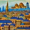 image of breathtaking cityscape inspired by Ottoman art which features a colorful array of buildings and domes