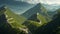 An image of a breathtaking top-down view of the Great Wall of China winding through lush green mountains,