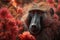 Image of brightly colored baboon with colorful tropical red flowers. Wildlife Animals. Illustration. Generative AI