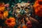 Image of brightly colored owl with colorful tropical flowers. Wild Animals. Birds. illustration. Generative AI