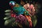 Image of brightly colored parrots bird with colorful tropical flowers. Wild Animals. Birds. illustration. Generative AI