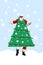 Image brochure collage of crazy funky dancing santa claus fantasy character dressed in decorated pine tree isolated on