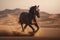 Image of a brown horse runs in the middle of the desert. Wildlife. Animals. illustration, generative AI