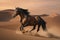 Image of a brown horse runs in the middle of the desert. Wildlife. Animals. illustration, generative AI