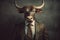 An image of a bull wearing a suit and tie, an elegant animal representing a businessman. Generative AI