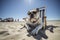 Image of bulldog wearing sunglasses lying on beach and chair on a clear day. Pet. Illustration, Generative AI