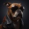 Image of a bulldog wore sunglasses and wore a black leather jacket on clean background. Pet. Animals. Illustration, Generative AI
