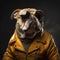 Image of a bulldog wore sunglasses and wore a leather jacket on clean background. Pet. Animals. Illustration, Generative AI