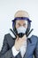 Image of business man wearing protective mask against virus and pollution