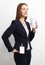 Image of business woman holding coffee cup over white