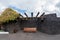 Image of canarian patio with wooden bench, volcanic stone wall, Canary Islands