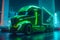 image captures a dynamic futuristic scene of a green truck on roadside