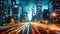 This image captures the dynamic hustle and bustle of a city street at night through a long exposure shot, road in city with