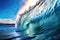 image captures a powerful blue ocean wave with clear blue sky Background