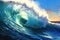 image captures a powerful blue ocean wave with clear blue sky Background