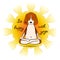 Image of a cartoon funny dog beagle sitting on lotus position of yoga with sun. Beagle logo