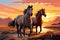 Image Cartoon style horse illustration horses in the field at sunset