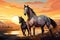 Image Cartoon style horse illustration horses in the field at sunset