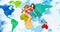 Image of cartoon woman surfboarding over world map on white background with blue stains