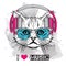 The image of the cat in the glasses and headphones. Vector illustration.