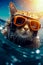 Image of cat wearing goggles and floating in pool of water